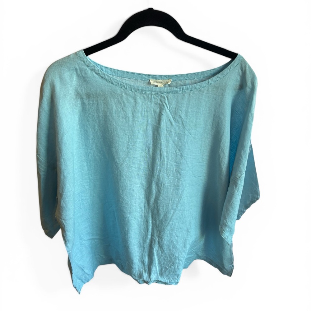 Eileen Fisher Seafoam Blue Boxy Boatneck Organic Linen Top XL